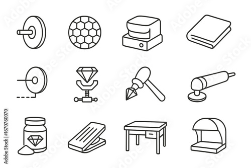 Gemstone Polishing Icons. Line style icons of gemstone polishing tools: polishing wheel, diamond grit pad, gemstone tumbler,