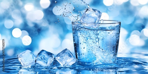 Refreshing Ice Cubes Dropping into Sparkling Water Glass