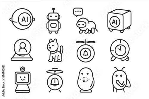 AI Assistant Line Icons. Line style icons of personal assistant bots: floating AI sphere, mobile helper unit, desk crawler bot,