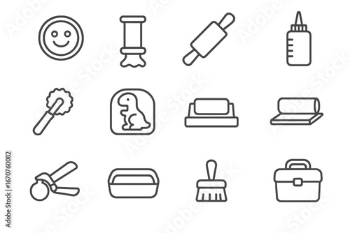 Kinetic Sand Tools. Line style icons of kinetic sand accessories: molding stamp, sand extruder tube, rolling pin, squeeze bottle,