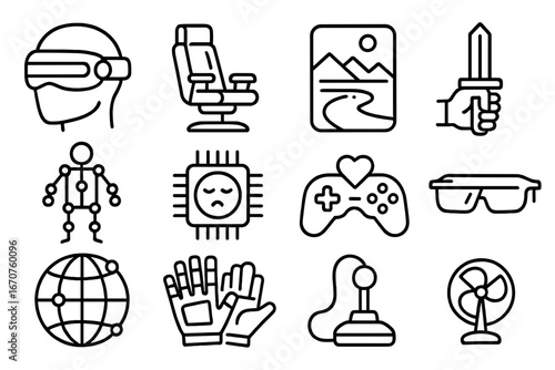 Futuristic Gaming Icons. Line style icons of futuristic gaming gear: immersive visor helmet, 4D haptic chair, real-world overlay