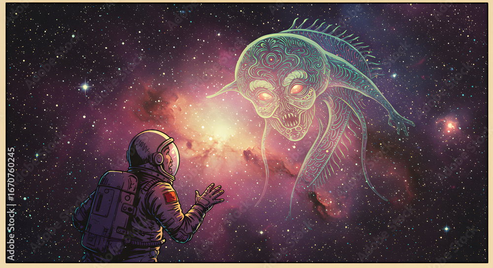 Naklejka premium Cosmic Encounter: An astronaut stands in awe of an ethereal alien being, bathed in the cosmic glow of the nebula and stars. a scene of exploration and the mysteries of the universe.