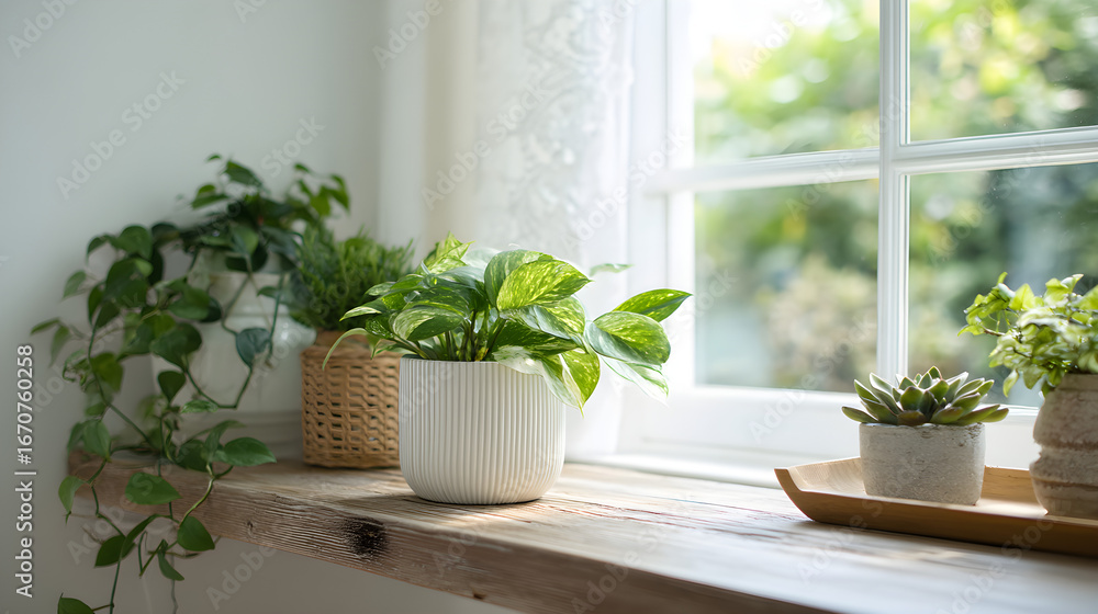 Fototapeta premium Beautiful potted plants on rustic wooden shelf by sunny window, creating a fresh and serene home decor illuminated by natural light.