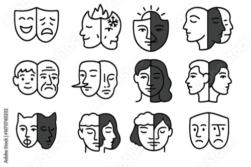 Dual-Face Masks Icons. Line style icons of symbolic dual-face masks: joy and sorrow mask, fire and ice mask, day and night mask,