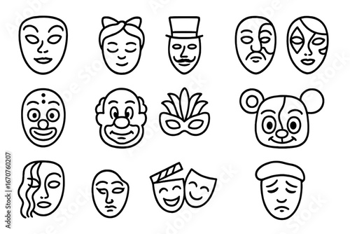 Performance Masks Icons. Line style icons of performance-inspired masks: opera mask, ballet mask, theatrical illusion mask, circus