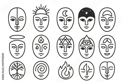 Spiritual Symbolism Masks. Line style icons of masks with spiritual symbolism: balance of light and dark mask, solar flare mask,