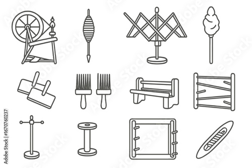 Antique Textile Tools Icons. Line style icons of antique textile tools: spinning wheel, drop spindle, yarn swift, niddy noddy,