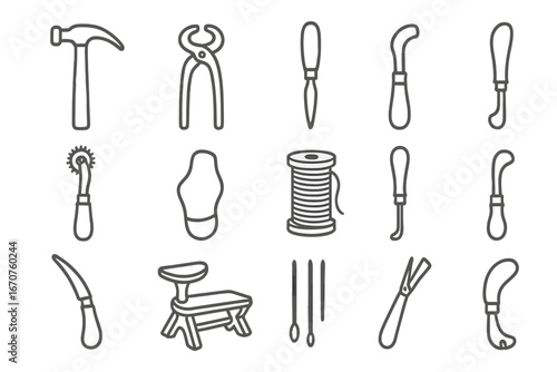 Cobbler's Tools Icons. Line style icons of cobbler’s antique tools: hammer, lasting pliers, pegging awl, channel knife, stitching