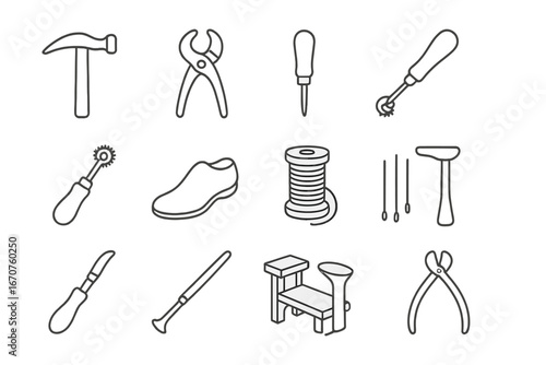 Cobbler's Tools Icons. Line style icons of cobbler’s antique tools: hammer, lasting pliers, pegging awl, channel knife, stitching
