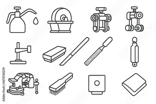Antique Tool Icons. Line style icons of antique tool maintenance: oil can, grinding stone, sharpening jig, honing guide, tool rest