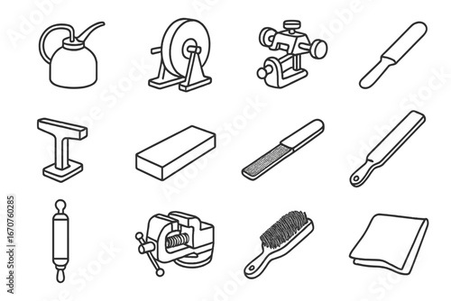 Antique Tool Icons. Line style icons of antique tool maintenance: oil can, grinding stone, sharpening jig, honing guide, tool rest