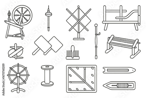 Antique Textile Tools Icons. Line style icons of antique textile tools: spinning wheel, drop spindle, yarn swift, niddy noddy,