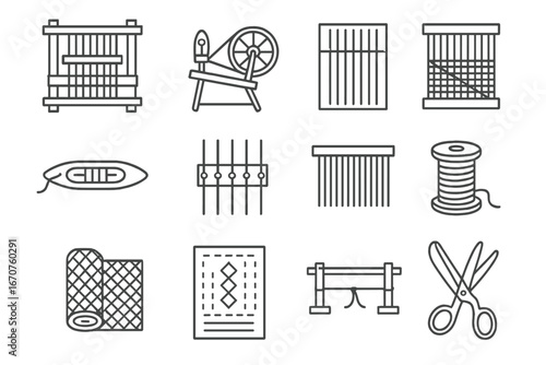 Textile Weaving Tools. Line style icons of textile weaving: handloom frame, spinning wheel, shuttle tool, warp thread setup, weft