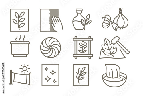 Mordant-Free Technique Icons. Line style icons of mordant-free techniques: botanical print, direct pigment rub, vinegar extract,