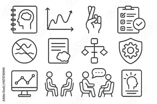 Behavioral Therapy Icons. Line style icons of therapy methods in behavioral psych: CBT notebook, exposure therapy chart, habit
