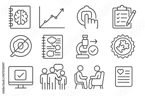 Behavioral Therapy Icons. Line style icons of therapy methods in behavioral psych: CBT notebook, exposure therapy chart, habit