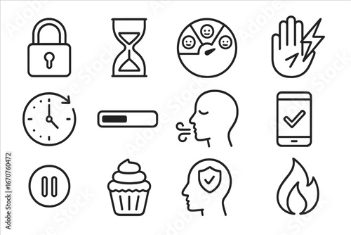 Self-Regulation Icons. Line style icons of self-regulation behavior: self-control lock, delay gratification icon, emotion meter,