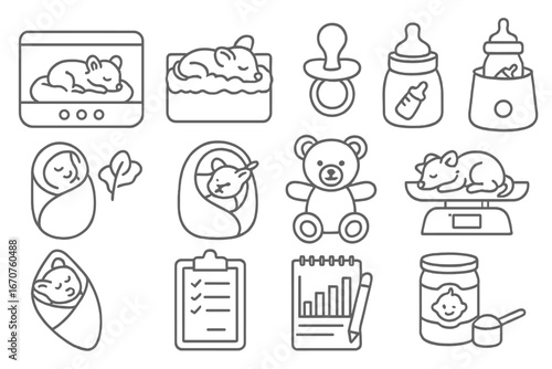 Baby Animal Care Icons. Line style icons of baby animal rehabilitation: incubator chamber, soft bedding box, pacifier feeder,