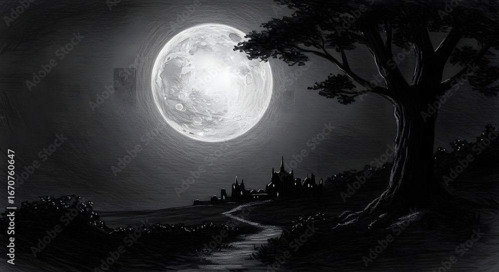 Fototapeta premium Moonlit Mystery: A surreal and evocative grayscale rendering of a breathtaking landscape bathed in the ethereal glow of a luminous full moon.