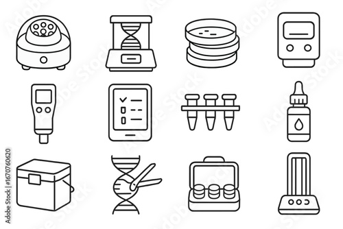 Biohacking Lab Equipment Icons. Line style icons of biohacking lab equipment: mini centrifuge, DNA extractor, petri dish stack,