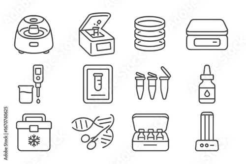 Biohacking Lab Equipment Icons. Line style icons of biohacking lab equipment: mini centrifuge, DNA extractor, petri dish stack,