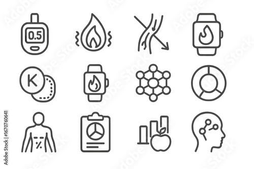 Metabolic Biohacking Icons. Line style icons of metabolic biohacking devices: blood glucose meter, fat-burning tracker, insulin