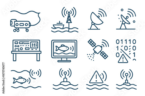 Deep-Sea Communication Icons. Line style icons of deep-sea communication systems: tether comm line, surface radio icon, underwater
