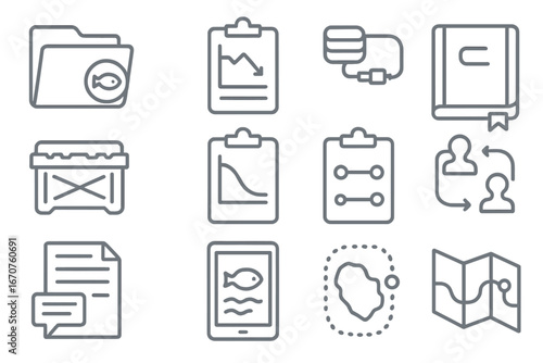 Deep Ocean Mission Icons. Line style icons of deep ocean missions: mission briefing folder, dive plan chart, data retrieval icon,