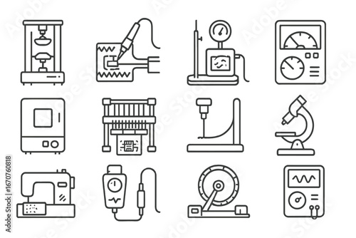Textile Lab Tools Icons. Line style icons of textile research lab tools: tensile test machine icon, fabric circuit solder tip,
