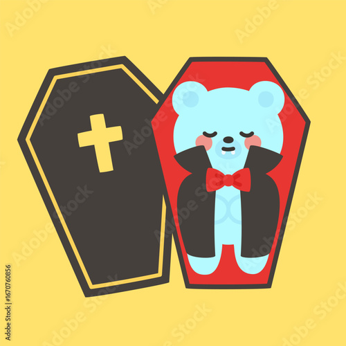 Cute Blue Bear Vampire in Coffin with Lid on Yellow Background