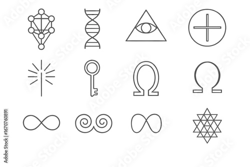 Geometric Symbol Icons. Line style icons of universal symbols in geometry: tree of life grid, DNA helix spiral, eye of providence,