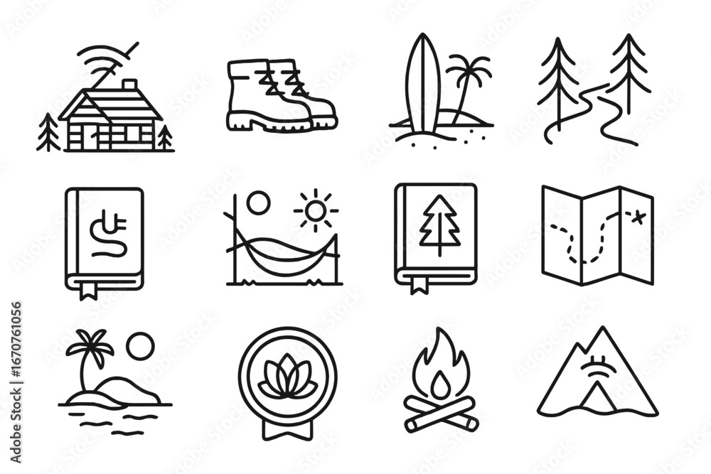 Fototapeta premium Vacation Icon Collection. Line style icons of vacation and digital reset: no-wifi cabin icon, hiking boots symbol, surfboard rest,