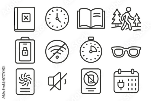 Digital Detox Icons. Line style icons of digital detox tools: offline journal, analog clock, paper book, nature walk symbol, phone