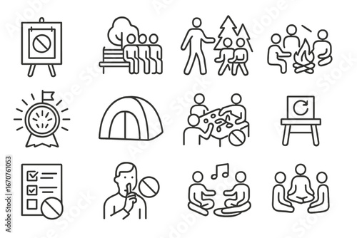 Digital Detox Icons. Line style icons of community digital detox events: unplug poster board, local park meetup, guided forest