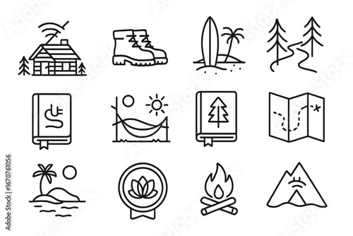 Vacation Icon Collection. Line style icons of vacation and digital reset: no-wifi cabin icon, hiking boots symbol, surfboard rest,