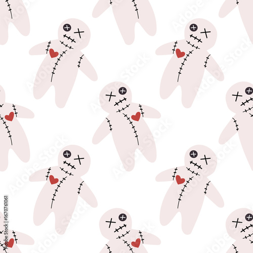Seamless pattern with cute voodoo dolls. Fun and spooky ragdoll characters with stitched details, buttons, and pins. Perfect for fabric, wallpaper, packaging, wrapping paper, and seasonal decoration.