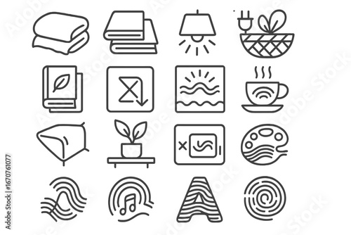 Digital Rest Icons. Line style icons of digital rest essentials: comfort blanket, paper journal stack, soft lighting icon, unplug