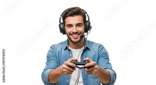 young playing video game with white background