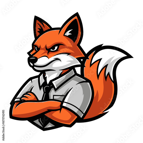 The Corporate Fox: A shrewd cartoon fox in a crisp white shirt, arms crossed with a serious expression, symbolizing cunning, intelligence, and strategic thinking.