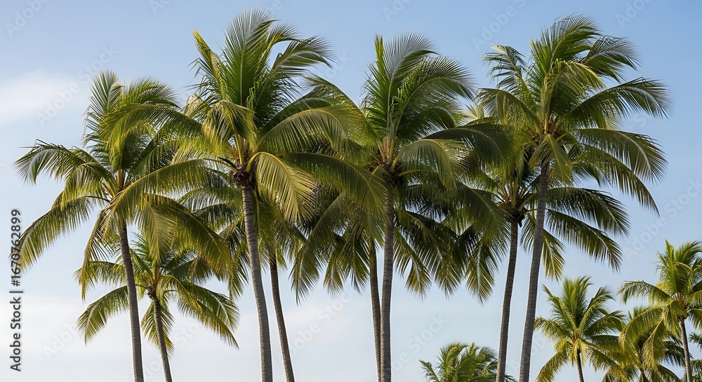 Obraz premium Palm trees swaying in the wind under a blue sky.