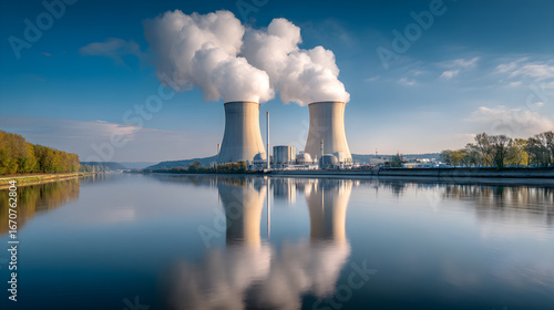 Serene View of Nuclear Power Plant Cooling Towers Emitting Steam, Reflected in Tranquil River Under Blue Sky, Highlighting Energy and Industry.