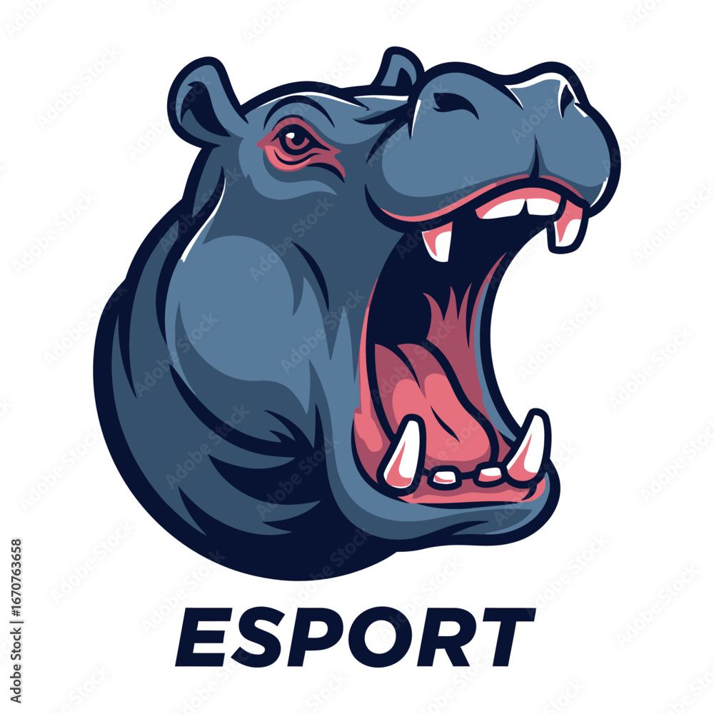 Obraz premium Enraged Hippo Mascot: A fierce mascot, the ferocious hippo with mouth wide open, ready to charge, perfectly embodies the spirit of a sports team or gaming group.