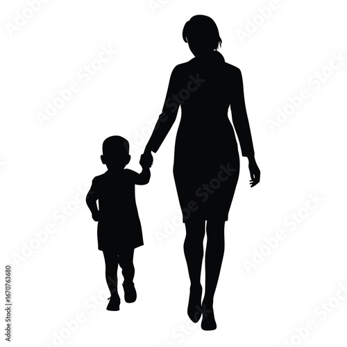 Silhouette Mother Walking with Child HandinHand, Front View, Simple Black