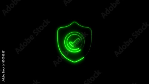 Glowing neon shield icon with green check mark illustrating safety and protection.