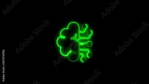 Glowing neon green brain with circuit board elements against a black background