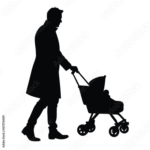 Silhouette of Man Pushing a Baby Stroller, Fatherhood Moment Illustration Art