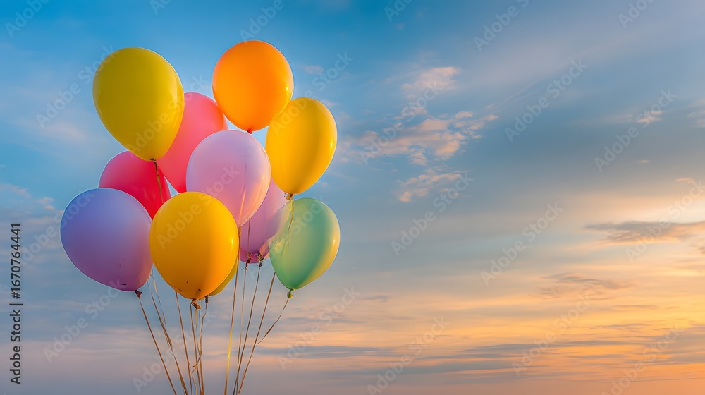 Fototapeta premium A vibrant cluster of colorful balloons floats against a pastel sky at sunset.