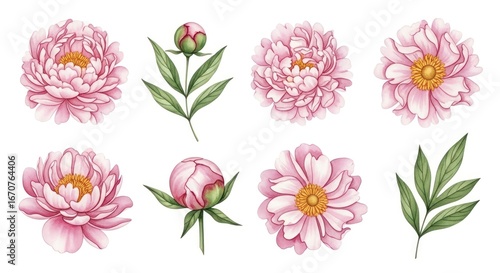 A collection of detailed illustrations of delicate pink peonies and buds, presented with elegant green leaves, set against a bright white background.