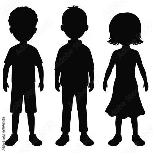 Three Children Standing Silhouettes Depicting a Boy Girl Trio in Black