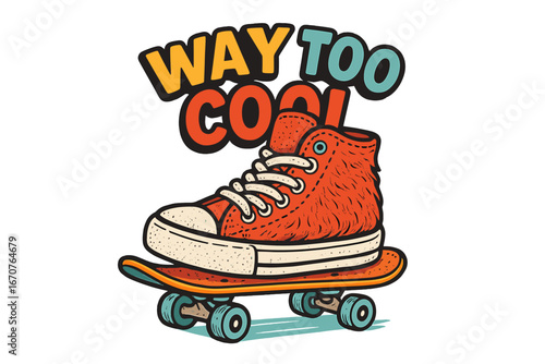 Cool retro sneaker on skateboard with vibrant colors and playful text design showcasing a fun urban vibe